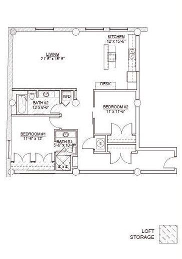 Floor plan for 2 beds, 2 baths, 1320 sqft